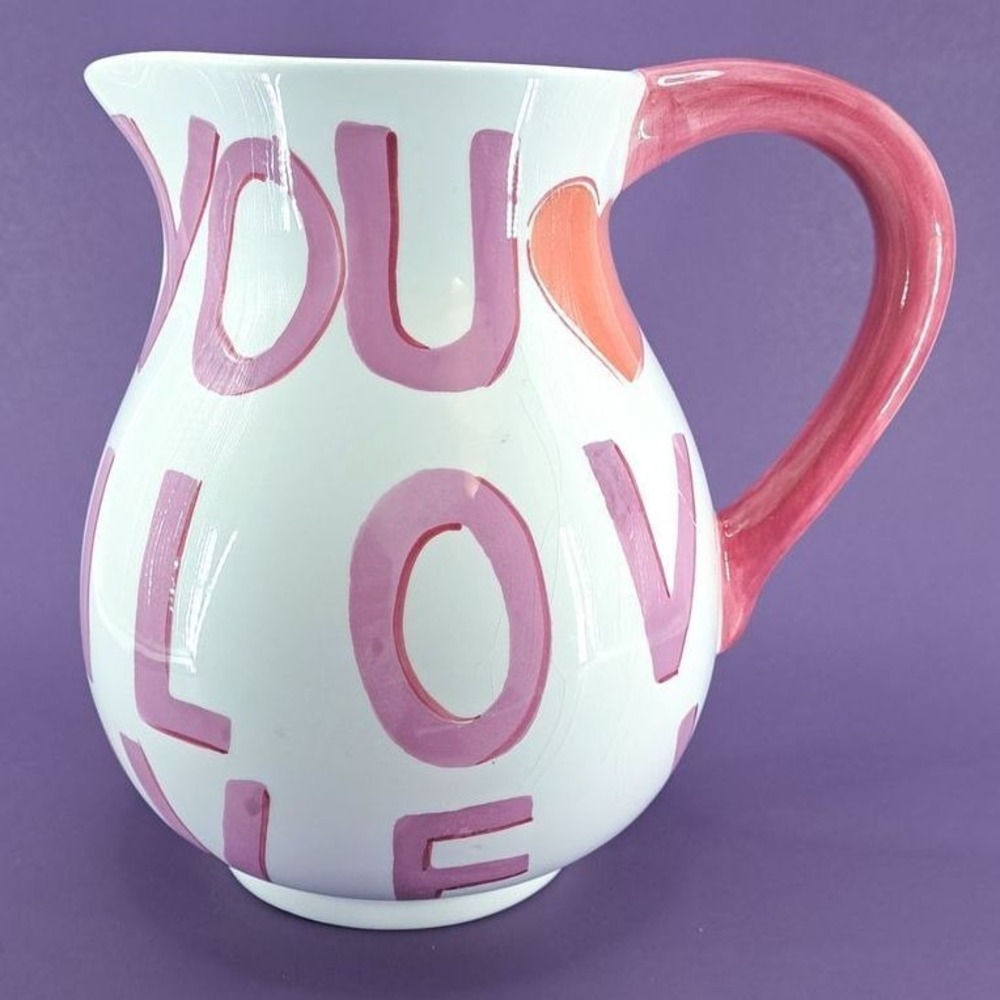 Vintage "I Love You" Ceramic Pitcher Vase Pink Heart Decor Retro Valentine 8.5"‎